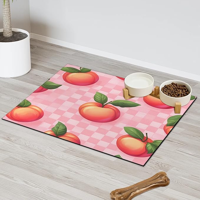 Peach Fruit Dog Food Mat for Floors Absorbent Dog Bowl Mat for Food and Water Dispenser Quick Dry Cat Food Placemat Pet Supplies 24" x 32", Buffalo Check