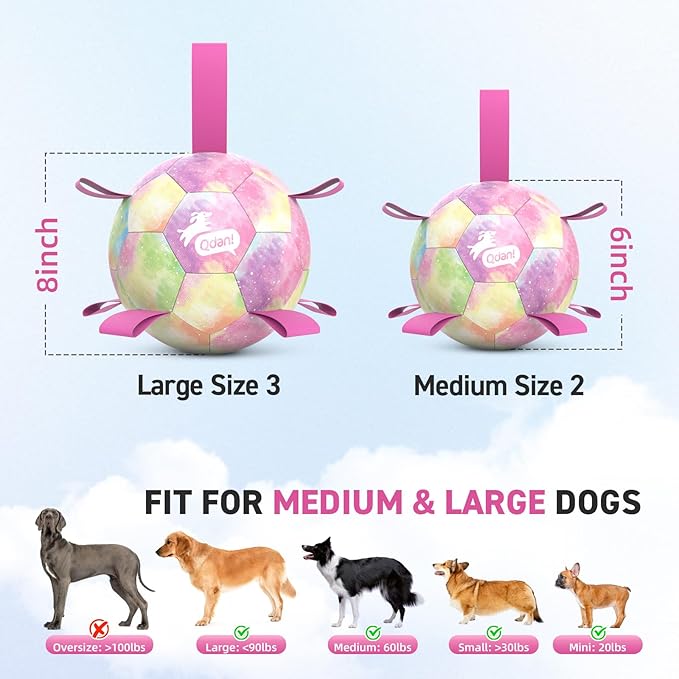 QDAN Dog Balls, Dog Soccer Ball with Straps, Valentines Dog Toys, Girl Puppy Toy Balls for Small Medium Dogs, Water Toys Pool Toys, Puppy Pet Birthday Gifts, Rainbow（6 Inch）