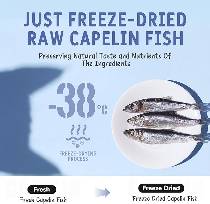 Freeze Dried Capelin Fish Cats & Dogs Treats 70g, Single Ingredient, Rich in Omega 3 & 6 for Healthy Skin & Coat, Grain Free, 100% Whole Fish, Premium Quality High Protein Training Snacks