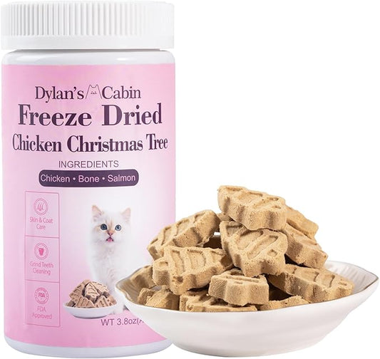 Dylan's cabin Freeze-Dried Chicken Cat & Dog Treats - High Protein Tree Bites with Bone-in Thigh, Salmon Training Kitten Puppy Snack for Coat Oral Health, 84pcs