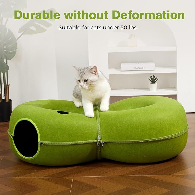 8-Shaped Large Cat Tunnel Bed for Indoor Cats, Infinite Circulation Peekaboo Cat Cave with 12 Toy Balls, Cat Donut Tunnel for Cats up to 30 Pounds (Green, L(38x24x11))