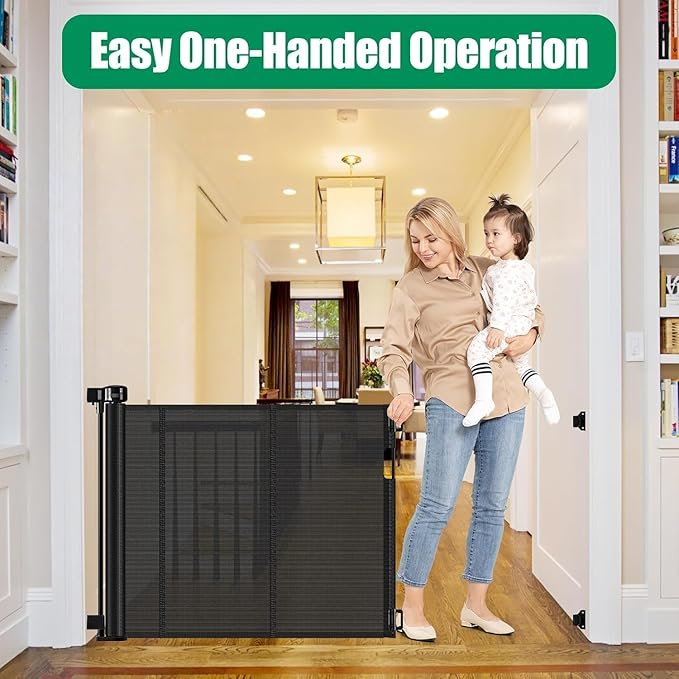 Reinforced 50" Wide Retractable Baby Gate Retractable Dog Gate with Support Rods - Anti-Bottom Crawl, Mesh Gate Retractable Gate Outdoor Retractable Pet Gate Indoor Doorway/Hallway/Stair Gate, Black