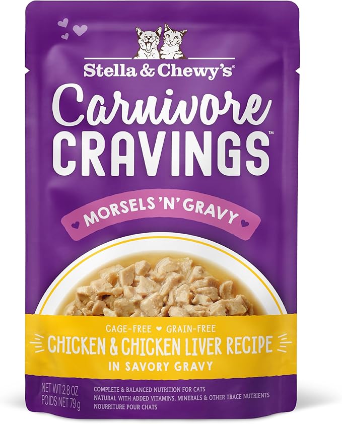 Stella & Chewy's Carnivore Cravings Wet Cat Food Pouches - Premium Chicken & Chicken Liver Recipe - Grain-Free Morsels & Gravy - Perfect for Picky Eaters - Complete Meal or Topper - 2.8oz, 24-Pack