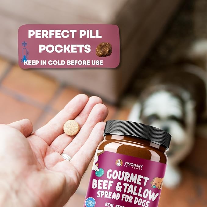 Visionary Pet Foods Beef Meat Spread, Dog Safe and Natural Peanut Butter Alternative - Healthy Digestive Support, No Additives - Lick Mat Treats - 12oz Jar