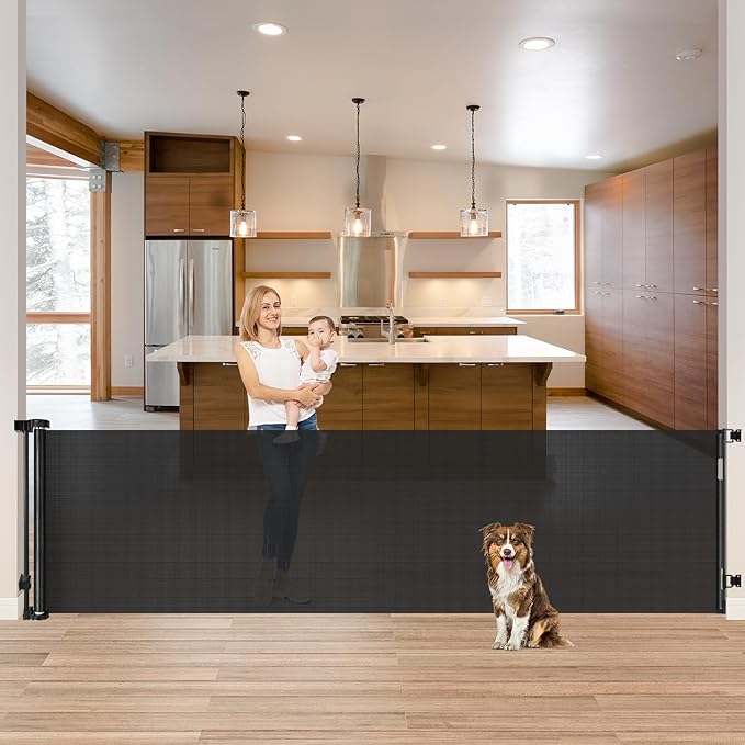 85 Inch Extra Wide Retractable Baby Gate Indoor Extra Long Baby Gate Outdoor Extra Large Dog Gate Child Gates for Wide Openings Mesh Pet Gate for Stairs Dog Gates for Doorways, Porches, Black