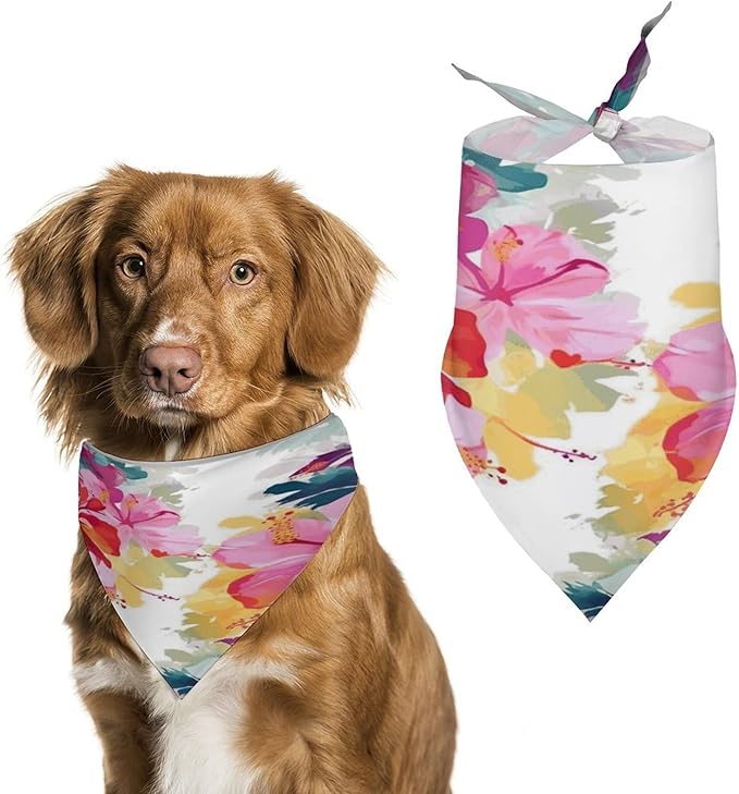 Dog Bandana Spring Pet Scarf Adjustable Triangle Hawaiian Flower Print Printing Dog Bib Washable Polyester Puppy Bandana for Small Medium Large Dogs Cat Birthday Party Supplies