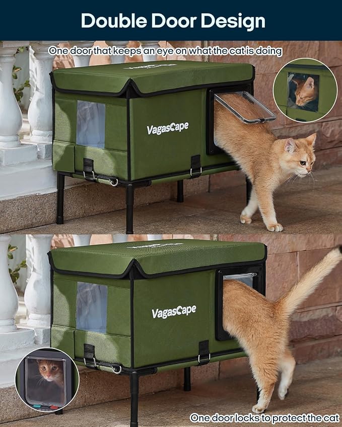 Heated Cat House for Outdoor in Winter, Insulated Weatherproof Cat Shelter with Heating Pad and Safe Escape Door, Waterproof Warm Home for Outside Barn Feral Stray Cat（Green）