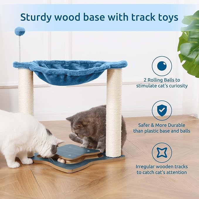 FluffyDream Cat Scratching Post for Indoor Cats, Small Cat Tree Tower with Hammock,Wooden Interactive Ball Track for Kitten and Adult Cats,18inches (Navy)