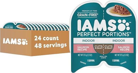 IAMS Perfect Portions Grain Free Wet Cat Food, Indoor Adult Cat Food Wet Cuts in Gravy, Salmon Recipe, (24) 2.6 oz. Twin-Pack Trays