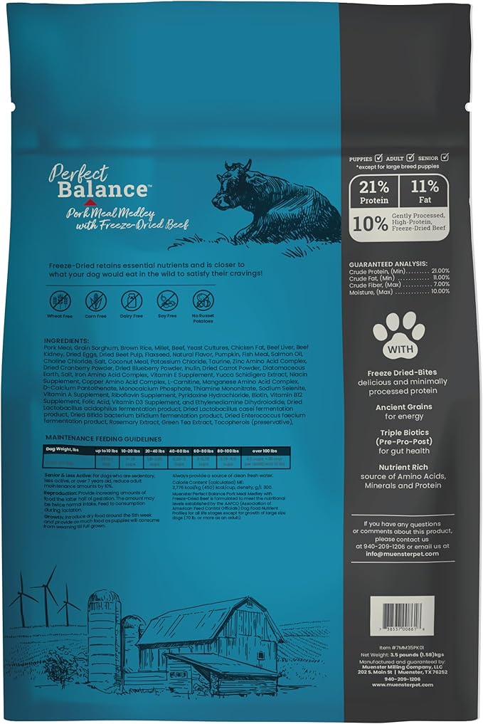 Muenster Perfect Balance Raw Pork Kibble Mix with Freeze Dried Beef for Dogs - High Protein, No Corn, Wheat, or Soy - Probiotic Dog Food Raw Treats for Healthy Gut - All Life Stages, 3.5 lb Bag