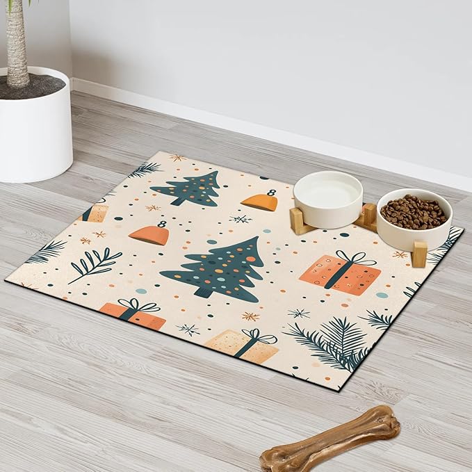Christmas Tree Dog Food Mat for Floors Absorbent, Quick Dry Water Dispenser Mat for Food, Water, Pet Supplies 16" x 24", Merry Christmas