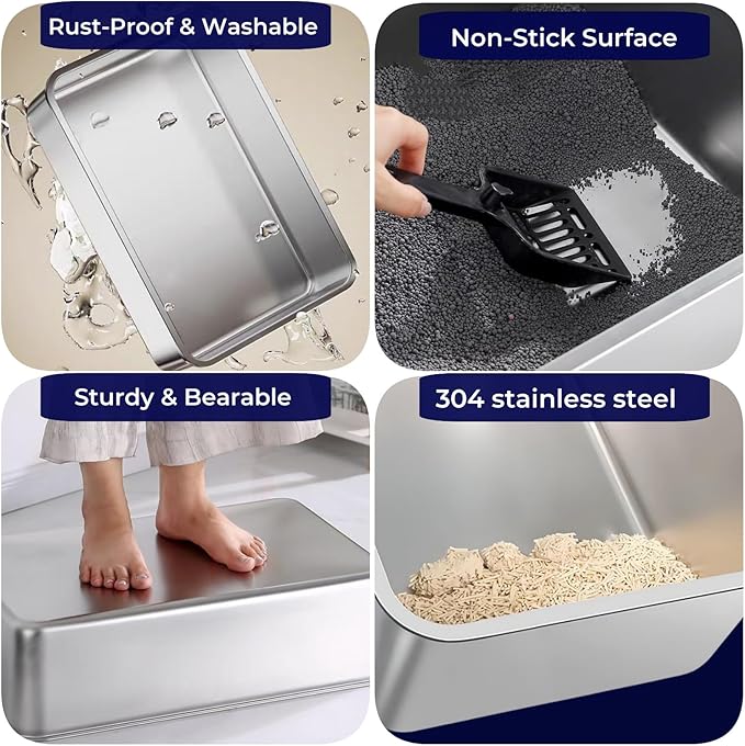 2 Pack Stainless Steel Cat Litter Box with High Sides - Metal Cat Pan, Large Indoor Litter Tray, Never Absorbs Odor, Pet Toilet Supplies Smooth Surface for Kitten, Kitty, Rabbit 23.6"x16"x 6"