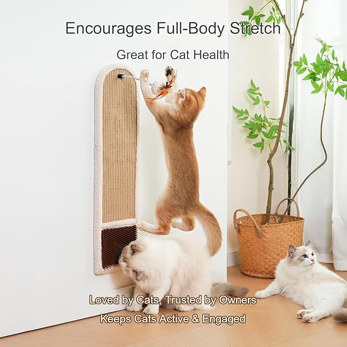 28" Wall Mounted Cat Scratcher for Indoor Cats – Vertical Sisal Cat Scratching Board with Self-Grooming Brush & Hanging Toy, Space-Saving Cat Wall Furniture, No-Drill Adhesive or Screw Mount