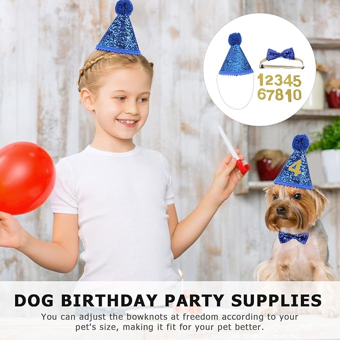 Abaodam Pet Party Hat and Bow Tie Set for Dogs, Small Blue Sequin Birthday Hat with Number and Navy Blue Bowknot, Dog Birthday Party Supplies for Puppies and Small Pets