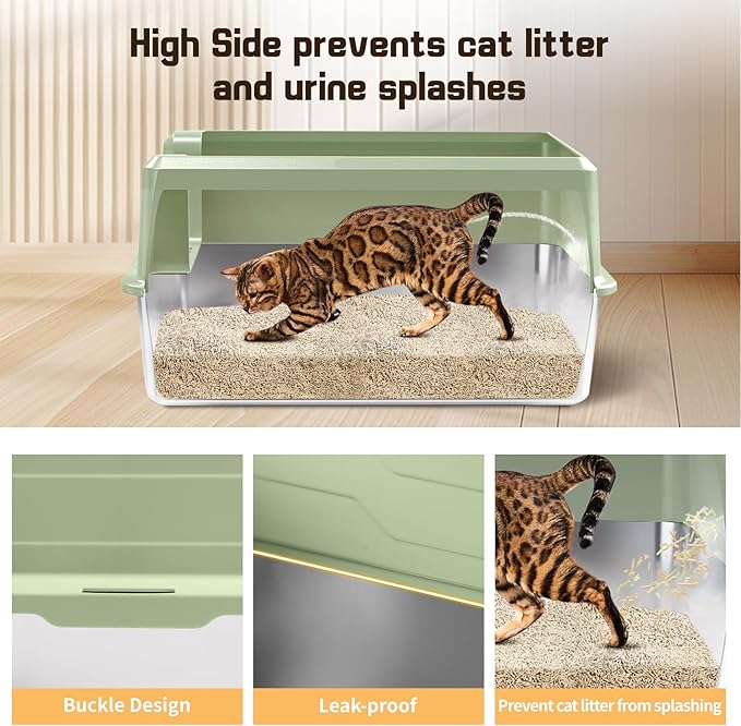 Extra Large Stainless Steel Litter Box, XXXL 27.6" H x 19.7" W x 11.8" H Metal High Sided Cat Litter Box with Scoop, Leak-Proof, Easy Clean for Big Cats/Multiple Cats (Green)