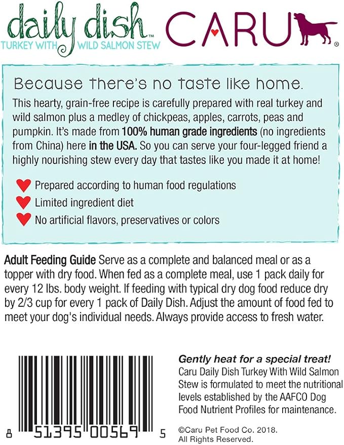 Caru Daily Dish Turkey With Wild Salmon Stew, Natural Adult Wet Dog Food With Real Chunks Of Turkey And Wild Salmon, With Added Vitamins And Minerals, Non-Gmo Ingredients (12.5 Oz)