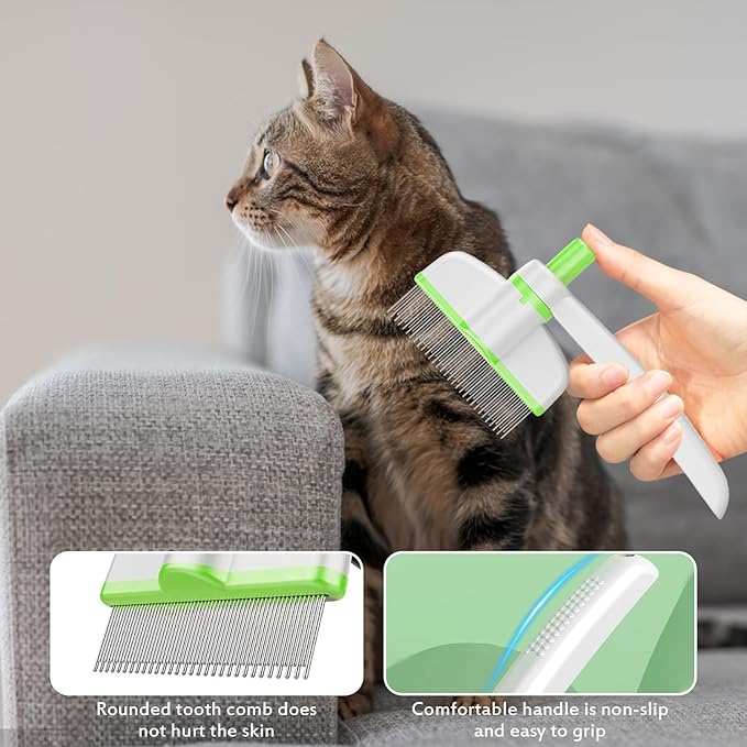 Pet Hair Removal Comb, 2025 Upgraded One Click Self Cleaning Grooming Brush, Cat Brush Comb with Non slip Handle for Short & Long Hair, Pet Grooming Supplies for Cats & Dogs Massaging (green)