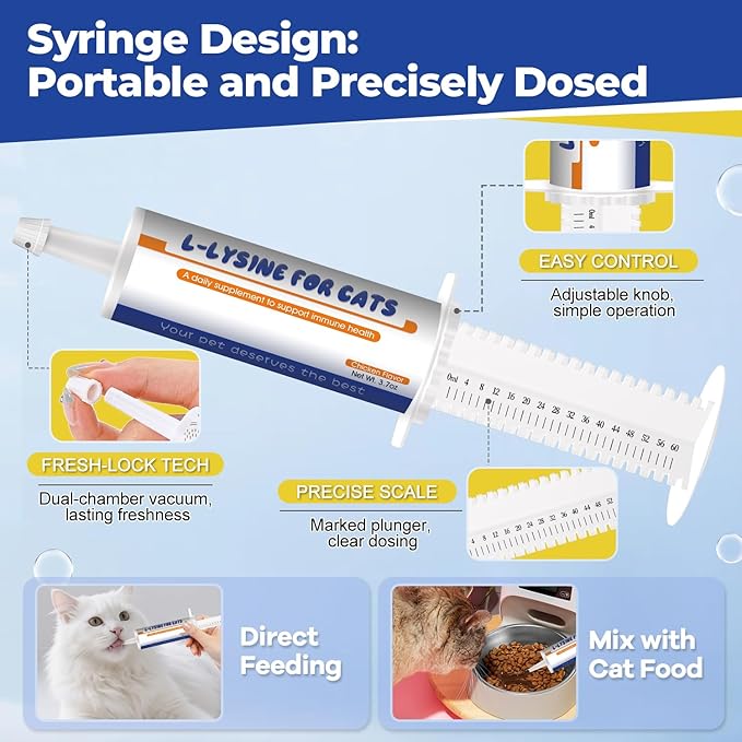 L-Lysine Supplement for Cats,Easy-Dispense Oral Gel in Syringe, Immune and Respiratory Support, Lysine for Cats and Kittens,Eases Cat Sneezing and Allergy Relief–Chicken Flavor,3.7oz