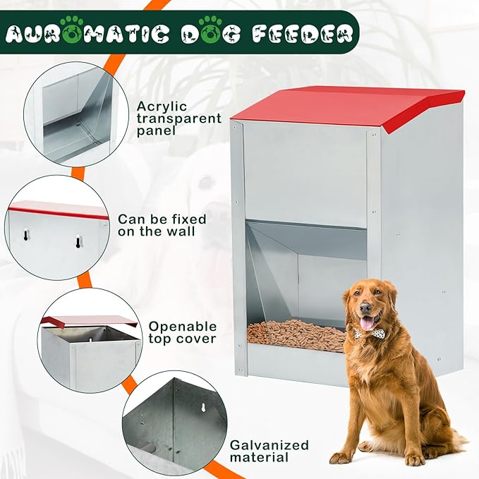 2 Pcs 40 Lbs Large Automatic Dog Feeders with Handle Acrylic Panel Galvanized Gravity Feeder Outdoor Hanging for Doggie Breed Dog Food Dispenser Container (Red, No Wheels)