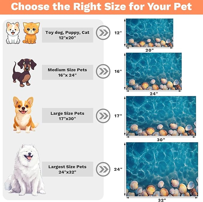 Ocean Seashell Dog Food Mat for Floors Absorbent Dog Bowl Mat for Food and Water Dispenser Quick Dry Cat Food Placemat Pet Supplies 16" x 24", Hawaiian Seaside