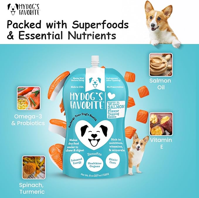 My Dog's Favorite Organic Dog Food Topper - Wild Salmon Flavor Wet Dog Food Topper with Omega-3 & Vitamin E - Healthy Food Topper for Dogs - Supports Digestion, Immunity & Coat Health - 8oz