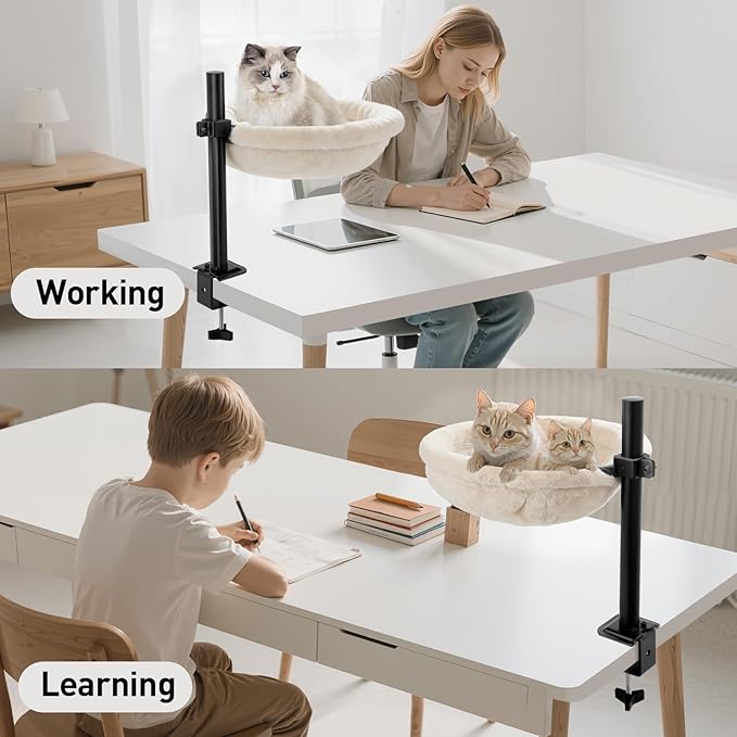 Cat Desk Bed - Machine Washable Reversible Cats Hammock for Large and Kitten - 360° Rotating & Height Adjustable - Supports Up to 45lbs - Indoor Cat Nest Furniture for Office & Game Tables - White