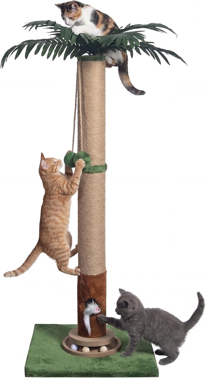 Cat Scratching Post 35'' Tall Cat Scratcher, Scratching Posts for Indoor Cats with Cat Toy Mouse, Interactive Wooden Track Ball for Kittens Adults Cats