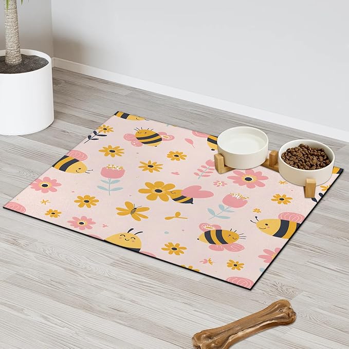 Boho Bee Dog Food Mat for Floors Absorbent, Quick Dry Water Dispenser Mat for Food, Water, Pet Supplies 17" x 30", Spring Flower