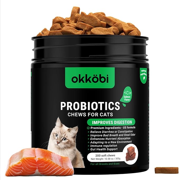 Probiotics for Cats Chews 200PCs - Digestive, Gut Health & Diarrhea Support - Probiotic Chews for Feline - Expert Approved US Formula with Cat Probiotics, Enzymes & Natural Ingredients - Salmon