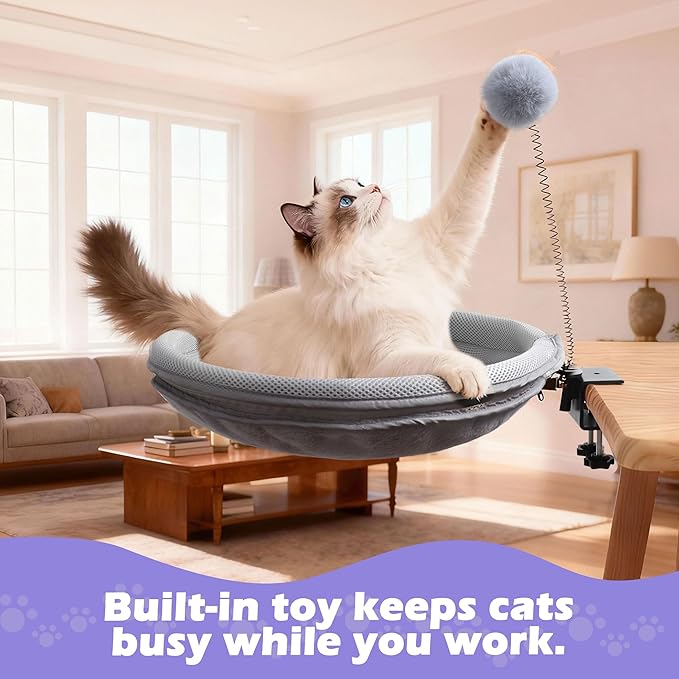 Cat Desk Bed with Teaser Wand, Under Desk Cats Bed Platform with Sturdy Clamp, Space-Saving Cat Perch Mounts Underneath Desk for Large Cats,for Gift,Present(Grey)