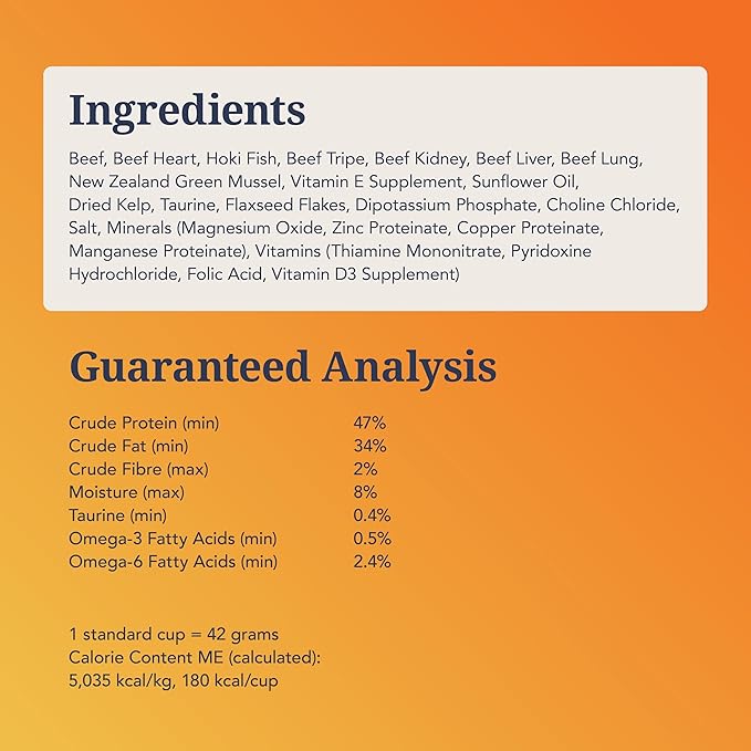 Feline Natural High Protein Dry Cat Food, Freeze-Dried Diet with 98% Meat, Organs & Seafood, No Peas, Grains, or Artificial Additives, Made in New Zealand, Beef & Hoki, 320g