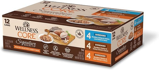 Wellness CORE Signature Selects Shredded Adult Wet Cat Food, Natural, Protein-Rich, Grain Free, 5.3 Ounce, 12 Pack (Poultry Variety Pack)