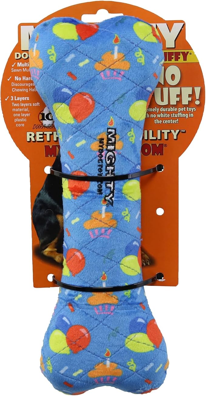 MIGHTY- NO Stuff Bone– Squeaky Plastic Core. 2-in-1 Toy. Made Durable, Strong & Tough. Interactive Play Dog Toy (Tug, Toss & Fetch). It Floats. (Celebration, Large)