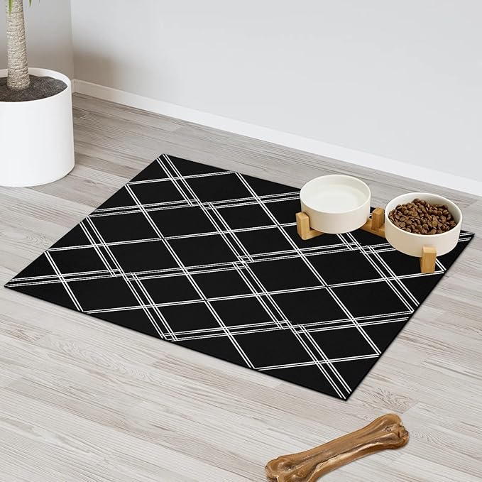 Buffalo Check Dog Food Mat for Floors Absorbent, Quick Dry Water Dispenser Mat for Food, Water, Pet Supplies 24" x 32", Black
