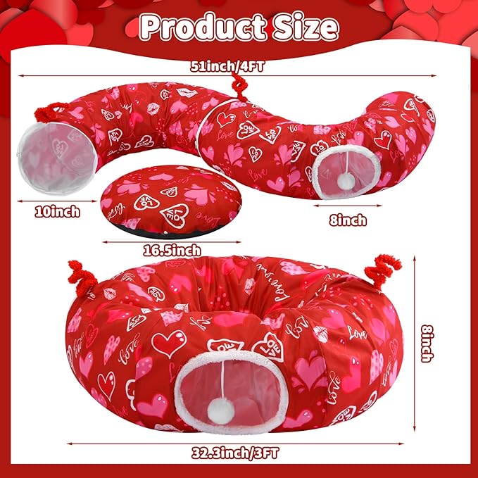 Valentines Day Cat Beds for Indoor Cute Red Love Heart Valentine Cat House Donut Tunnel Toys with Washable Circle Cushion, Round Pet Peekaboo Cave Toy for Kitten/Puppy/Rabbit