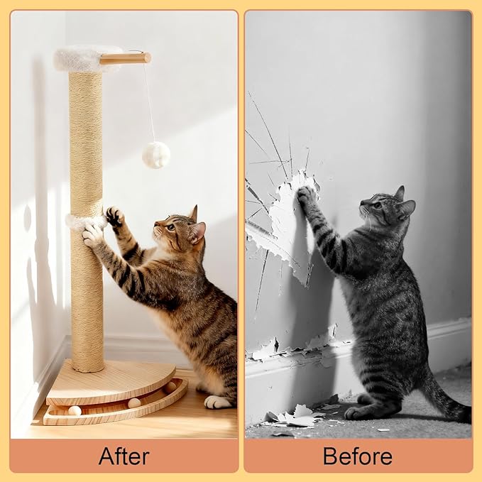 Cat Corner Scratcher with Interactive Ball Toys for Indoor Cats, Sisal Cat Scratching Post with Danging Ball for Wall Corners Furniture Protector 28''