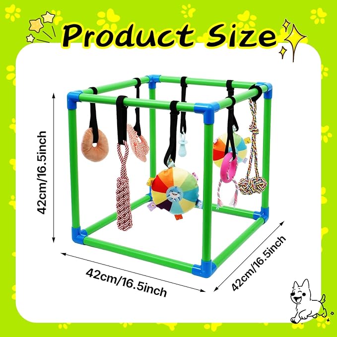 Puppy Play Gym with 8 Hanging Toys, Small Dogs Indoor Jungle Gym, PVC Frame with Bungee Straps Enrichment Activity Center