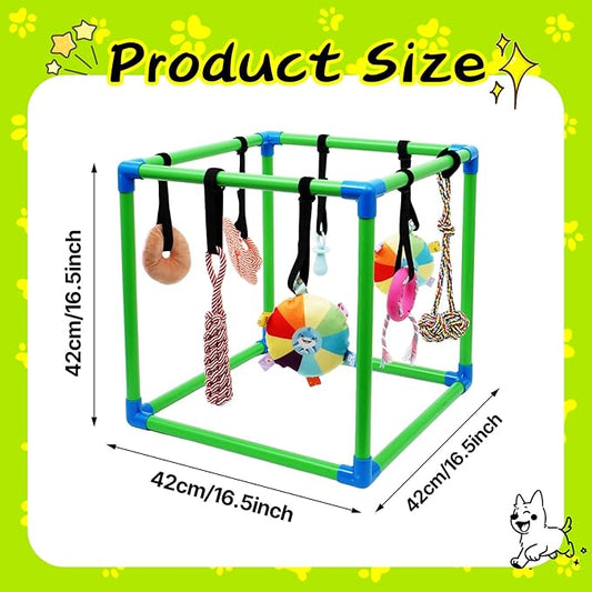 Puppy Play Gym with 8 Hanging Toys, Small Dogs Indoor Jungle Gym, PVC Frame with Bungee Straps Enrichment Activity Center