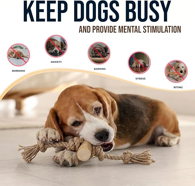 Coffee Wood Chew Toy for Dogs, Size Small, Made of Real Coffee Wood and Hemp Rope - 100% Natural Puppy Toys, Stress Relief, Small Dog Teething Toys