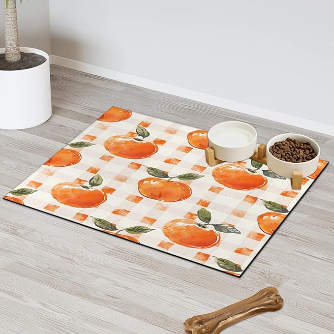 Orange Dog Food Mat for Floors Absorbent Dog Bowl Mat for Food and Water Dispenser Quick Dry Cat Food Placemat Pet Supplies 24" x 32", Buffalo Check Plaid