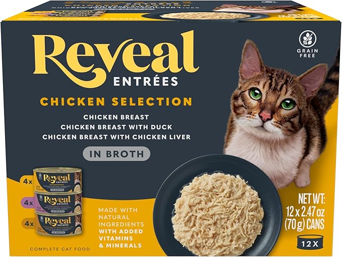 Reveal Entrées Natural Wet Cat Food, Grain-Free with Added Vitamins & Minerals, Carrageenan-Free and High Protein, Chicken Variety Selection in Broth (12 x 2.47 oz cans)