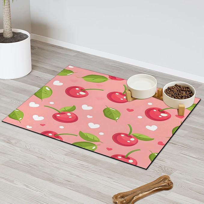 Pink Cherry Dog Food Mat for Floors Absorbent Dog Bowl Mat for Food and Water Dispenser Quick Dry Cat Food Placemat Pet Supplies 24" x 32", Love