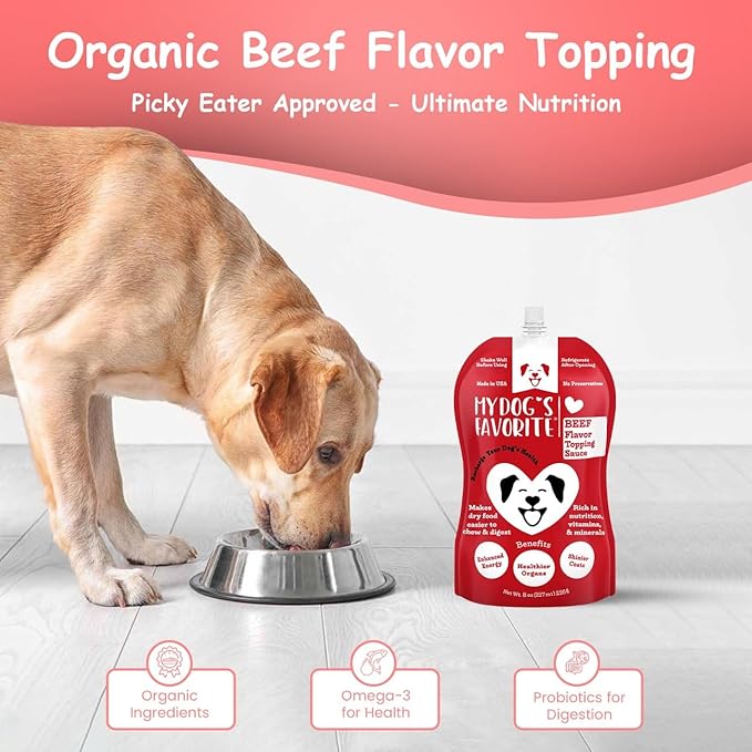 My Dog's Favorite Organic Dog Food Topper - Beef Omega-3 Probiotics & Turmeric for Digestion & Immunity Support - High-Protein Meal Enhancer for Picky Eaters - Healthy Wet Food Topping (8oz)