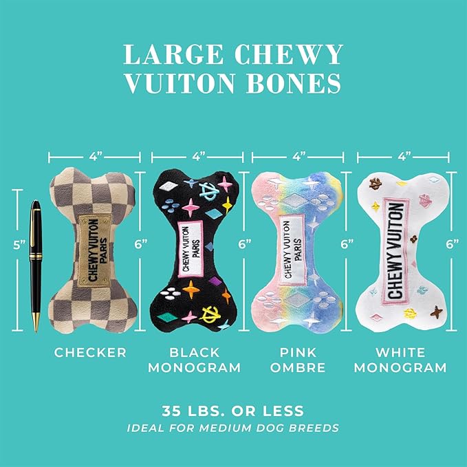 Haute Diggity Dog Medium Chewy Vuiton Bones Plush Dog Toys for Small, Medium & Large Dogs, 4-Pack Durable Stuffed Designer-Inspired Pet Toys with Interactive Squeaker, Machine-Washable & Safe
