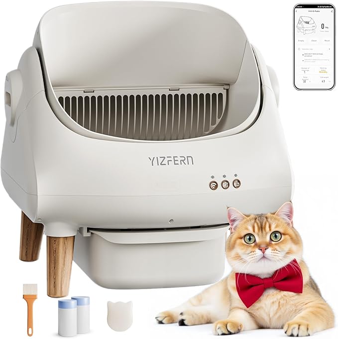 Self Cleaning Litter Box for Multiple Cats, Automatic Cat Litter Box with App Control, Open Top Design, Safety Protection, Ultra-Quiet, Waste Bags, Large Waste Bin & Brush (White) (Wooden)