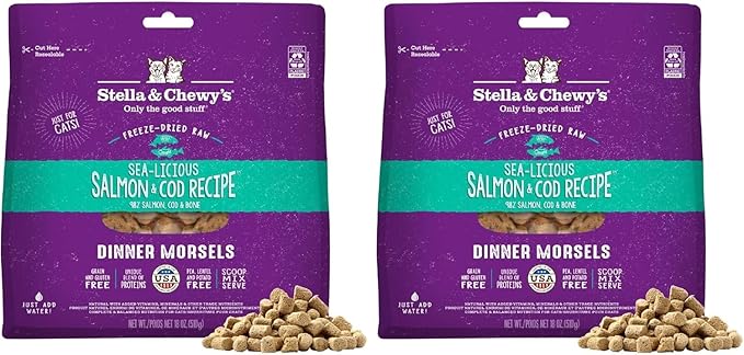 Stella & Chewy's Freeze-Dried Raw Cat Dinner Morsels - Premium Salmon & Cod Recipe with 98% Wild-Caught Fish & Organs - Natural Grain-Free Cat & Kitten Food - Made in USA - 18 oz (Pack of 2)