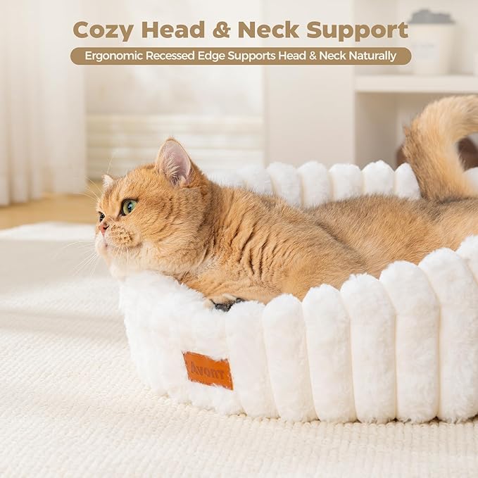 Avont Fluffy Cat Bed for Indoor Cats, Cozy Plush Sleeping Nest for All Sleep Styles, Washable Removable Cushion & Anti-Slip Base, Calming Round Bed for Kittens & Small Dogs – Cream(S)