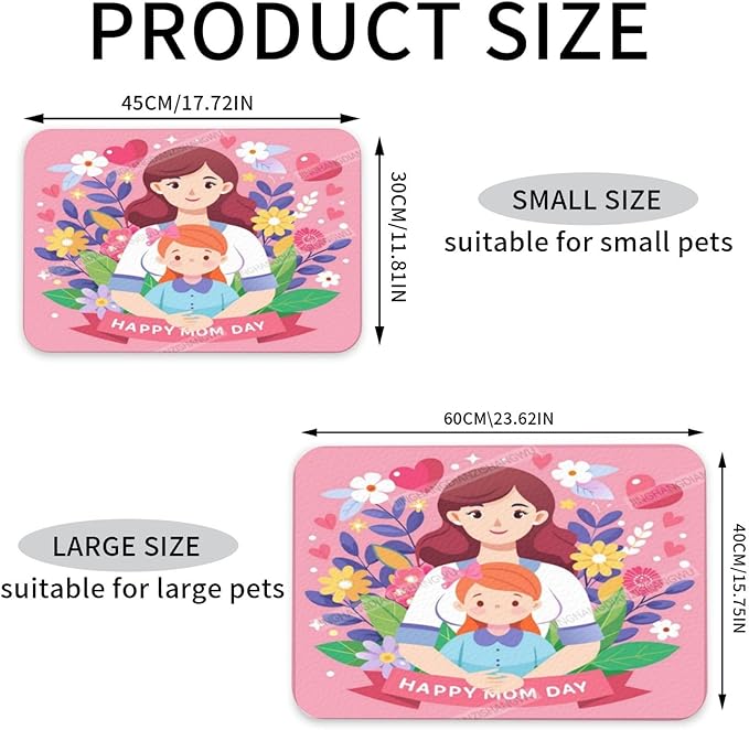 Non Slip Mat for Dog Pet Cat Dog Food Mats Happy Mother's Day Floral Gift for Mom Family Bb Water Bowl Mat Quick Dry Absorbent Cat Feeding Mats 18X12In