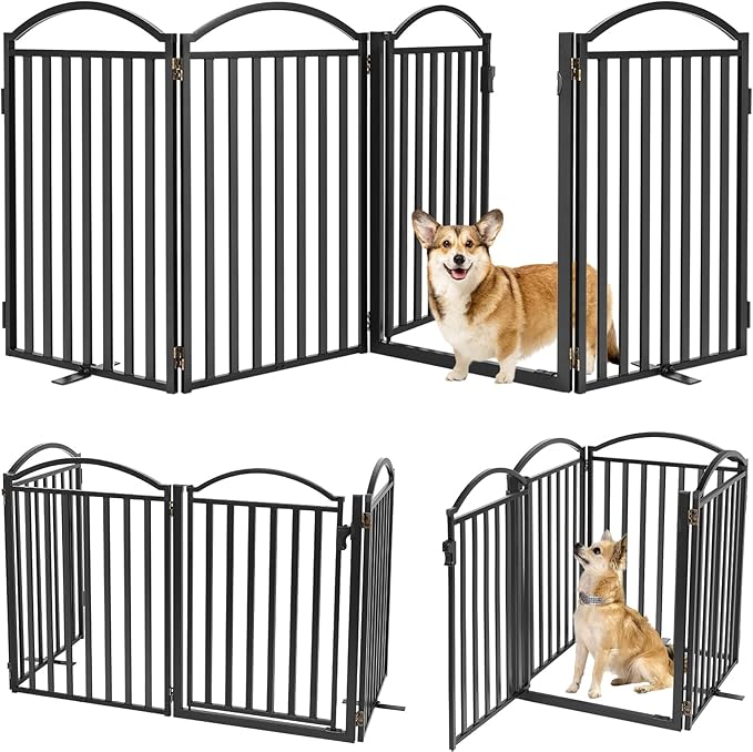 Malier Metal Freestanding Dog Gates with Door, 32'' Height Outdoor Indoor Dog Fences, 96'' Extra Wide Foldable Puppy Gate Free Standind Tall Pet Gate for Stairs, Hallways, Yard (Black, 4 Panels)