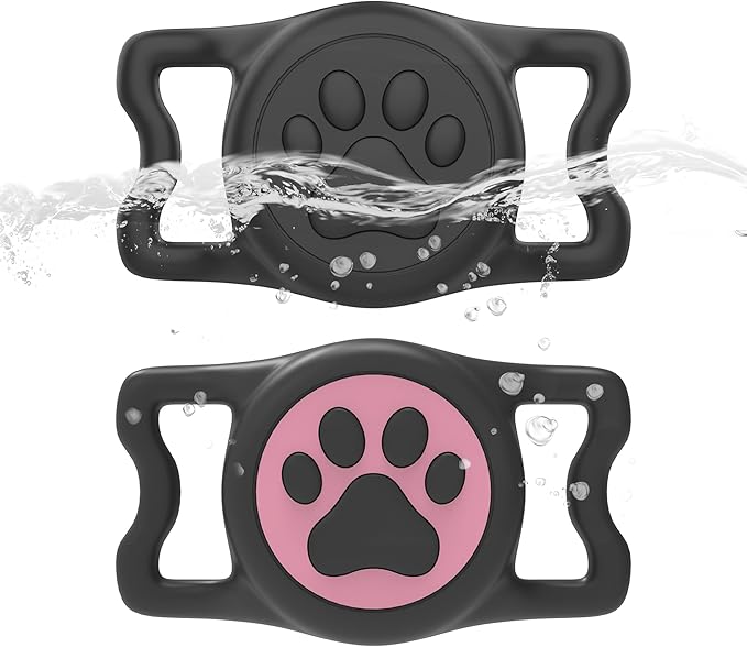 2-Pack Airtag Holder for Dog Collar, Waterproof Silicone Protective Case Cover, Anti-Lost Tracker Universal Fit for All Width Pet Collars(Black&Pink)